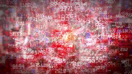 Abstract business network with flying numbers on modern city background. Seamless Loop.