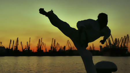 martial artist training alone on the sea pier, practicing his moves on sunset and port cranes background.の写真素材
