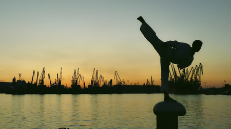 martial artist training alone on the sea pier, practising his moves on sunset and port cranes background. See my portfolio for more options.の写真素材