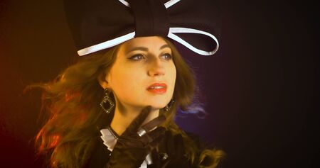 Portrait of vintage woman in classic hat. Retro styling girl Retro portrait of a fashion eleganse model. Vintage style.の写真素材