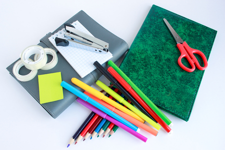 Notebook, scissor, stapler and other of school and office stationery.の写真素材