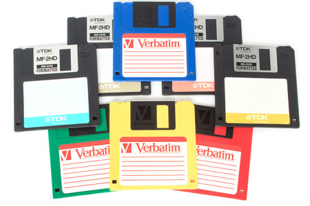 Russia, Izhevsk - April 26, 2017:Group floppy disks on the white background.のeditorial素材