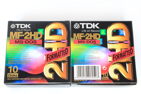 Russia, Izhevsk - April 26, 2017:Group of colored floppy disks on the white background.のeditorial素材