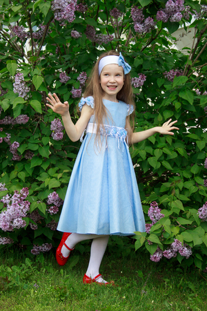 Cheerful little girl is standing in the bush of a lilac. Summer morningの写真素材
