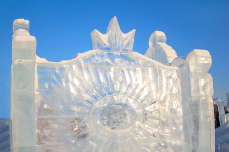 Russia, Izhevsk - January 28, 2017:Ice sculpture is standing in the central square. Happy new year.のeditorial素材