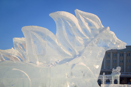 Russia, Izhevsk - January 28, 2017:Ice sculpture of pegasus standing in the central square. Happy new year.のeditorial素材