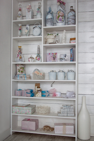 Shelves with various antique things. Rural style.の写真素材