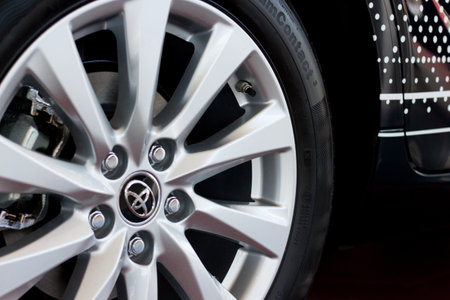 Russia, Izhevsk - April 21, 2018:Showroom Toyota. Wheel disk of the new Toyota Camry.のeditorial素材