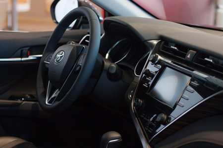 Russia, Izhevsk - April 21, 2018:Showroom Toyota. Interior of new vehicle Toyota Camry.のeditorial素材
