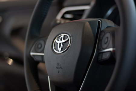 Russia, Izhevsk - April 21, 2018:Showroom Toyota. Steering wheel of the new Toyota Camry.のeditorial素材
