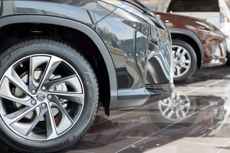 Russia, Izhevsk - April 21, 2018:Showroom Lexus. New vehicles at dealer showroom. Famous world brand. Side view.のeditorial素材