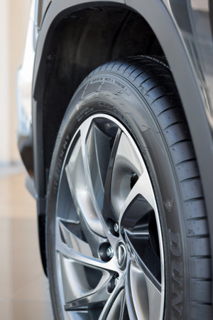 Russia, Izhevsk - April 21, 2018:Showroom Lexus. Wheel disk of new modern car.