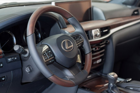 Russia, Izhevsk - April 21, 2018:Showroom Lexus. Interior of new vehicle Lexux LX570. Famous world brand.のeditorial素材
