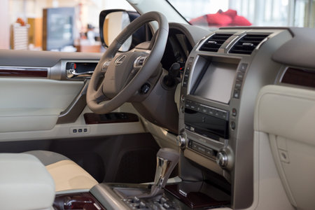 Russia, Izhevsk - October 20, 2018: Showroom Lexus. Interior of new vehicle Lexux LX570. Famous...