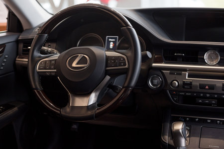 Russia, Izhevsk - October 20, 2018: Showroom Lexus. Interior and dashboard of new vehicle Lexus. Famous world brand. Modern transportation.のeditorial素材