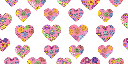 Seamless pattern made from abstract hearts. Heart from different spring flowers. Isolated elements...