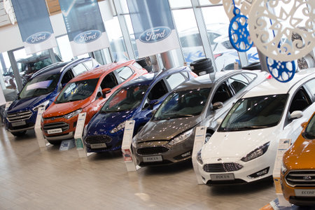 Russia, Izhevsk - January 27, 2019: Showroom Ford. New cars in dealer showroom. Modern transportation. Prestigious vehicles.のeditorial素材