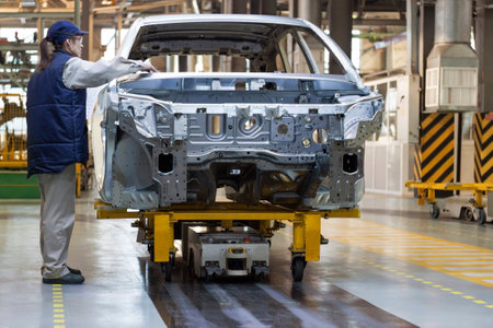 Russia, Izhevsk - December 15, 2018: LADA Automobile Plant Izhevsk, part of the AVTOVAZ Group. The female worker checks the body of a new car. Assembly shop of automobile plant.のeditorial素材