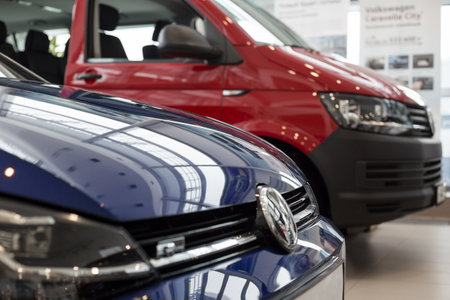 Russia, Izhevsk - February 15, 2019: Showroom Volkswagen. New cars in dealer showroom. Famous world...
