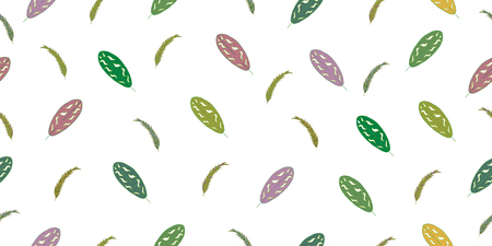Seamless pattern with tropical leaves and herbs. Isolated elements on a white background. Vector hand drawing illustration.のイラスト素材