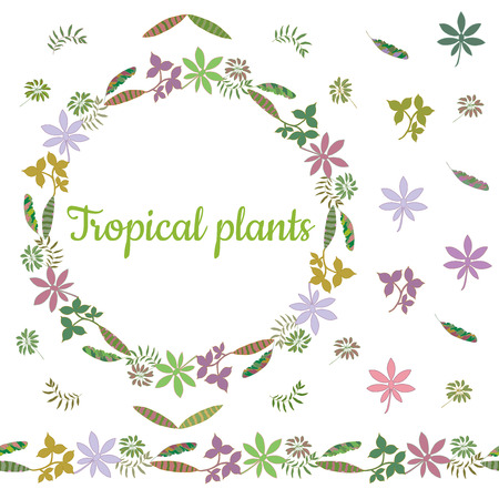 Colorful wreath made from different leaves of tropical plants. Endless horizontal brush. Seamless horizontal border. Vector hand drawing illustration.のイラスト素材