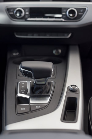 Russia, Izhevsk - April 4, 2019: Audi showroom. New A4 with automatic transmission in dealer...