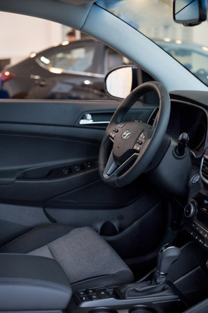 Russia, Izhevsk - October 16, 2019: Hyundai showroom. Interior of new modern Tucson car with...