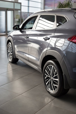 Russia, Izhevsk - October 30, 2019: The new modern crossover Tucson in the Hyundai showroom. Side...