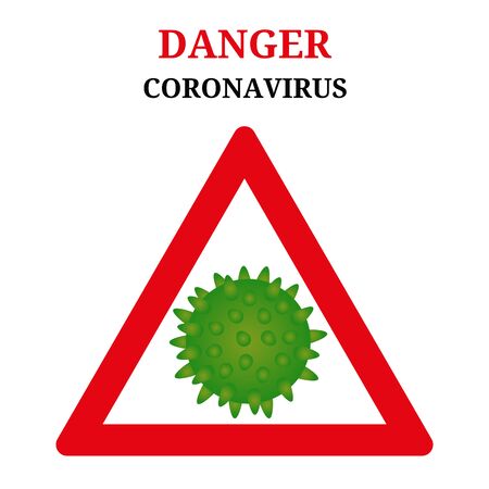 Danger coronavirus. Abstract model of new coronavirus ncov-2019. Sign of coronovirus locked red triangle. Microbiology and virology concept.のイラスト素材