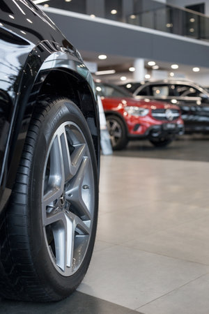 Russia, Izhevsk - February 20, 2020: Mercedes-Benz showroom. New modern cars in the dealer showroom....