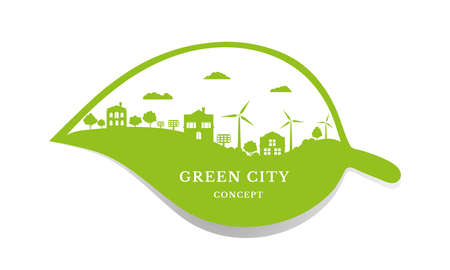 Ecological city and environment conservation. Concept green city with renewable energy sources. Green city with trees, wind energy and solar panels. Vector illustration.のイラスト素材