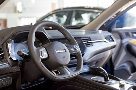 Russia, Izhevsk - February 17, 2021: Interior of new modern F7X car in Haval showroom. Car...