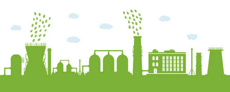 Environmentally friendly production. Silhouette of a large plant with cleaned environmental emissions. Concept of environment conservation. Vector illustration.のイラスト素材