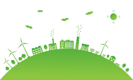 Ecological city and environment conservation. Green city with renewable energy sources. Sustainable development concept. Save the world. Vector illustration.のイラスト素材