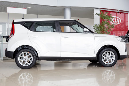 Russia, Izhevsk - February 17, 2022: KIA showroom. New modern KIA Soul in dealer showroom. Side view. Famous world brand. Modern transportation.のeditorial素材