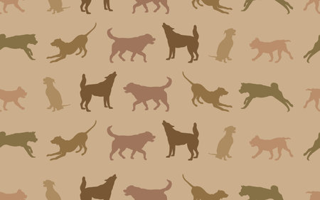 Seamless pattern. Silhouette of dogs different breeds. Endless texture. Design for fabric, decor, wallpaper, wrapping paper, surface design. Vector illustration.のイラスト素材