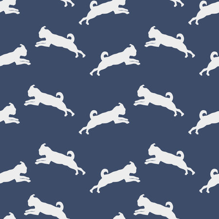 Seamless pattern. Running and jumping petit brabancon puppy. Dog silhouette. Endless texture. Design for wallpaper, wrapping paper, fabric, decor. Vector illustration.のイラスト素材