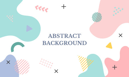 Abstract memphis background. Fluid shapes and different figures on a white background. Colorful pattern from geometric shapes in Memphis 80s-90s style with text. Vector illustration.のイラスト素材