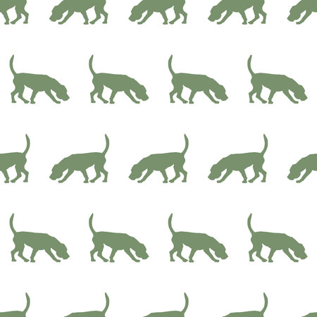 Walking and sniffing english beagle puppy isolated on a white background. Dog silhouette. Seamless pattern. Endless texture. Use for wallpaper, fabric, template, print. Vector illustration.のイラスト素材