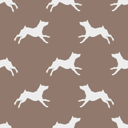 Running miniature pinscher puppy isolated on a brown background. Seamless pattern. Endless texture. Design for wallpaper, fabric, template, printing. Vector illustration.のイラスト素材