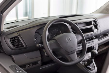 Russia, Izhevsk - March 4, 2022: Citroen showroom. Interior of new Jumpy minivan with mechanical transmission. Commercial vehicle. Modern transportation. Alliance Stellantis.のeditorial素材