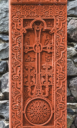 Khachkar stone carving of Christian symbols and ornaments. Armenian national art.の写真素材