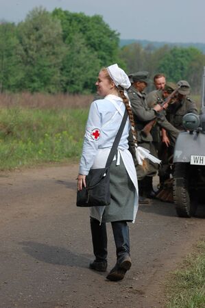 KIEV, UKRAINE - MAY 10,2010 : member of Red Star history club wears historical military German...