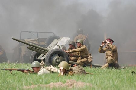 KIEV, UKRAINE - MAY 10 : Members of Red Star history club wear historical Soviet uniform during...