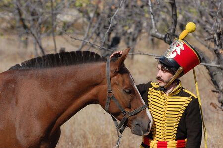 CRIMEA, UKRAINE - SEPTEMBER 26: Member of military history club ALMA wears Russian historical uniform during historical reenactment of Crimean War September 26, 2009 , Crimea, Ukraine のeditorial素材