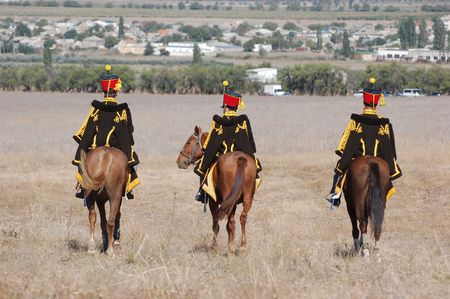 CRIMEA, UKRAINE - SEPTEMBER 26: Members of military history club ALMA wear Russian historical uniform during historical reenactment of Crimean War September 26, 2009 in Crimea, Ukraine のeditorial素材