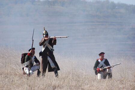 CRIMEA, UKRAINE - SEPTEMBER 26: Members of military history club ALMA wear Russian historical uniform during historical reenactment of Crimean War September 26, 2009 in Crimea, Ukraine のeditorial素材
