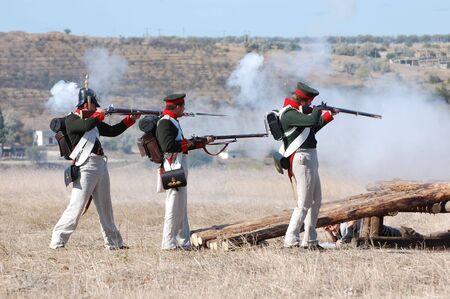 CRIMEA, UKRAINE - SEPTEMBER 26: Members of military history club ALMA wear Russian historical uniform during historical reenactment of Crimean War September 26, 2009 in Crimea, Ukraine のeditorial素材