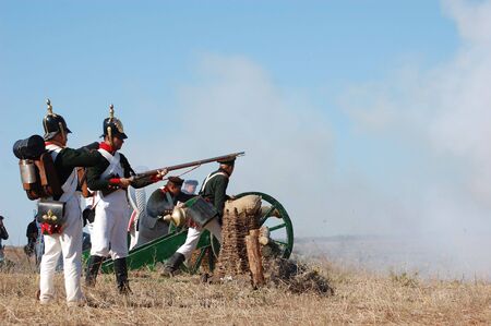 CRIMEA, UKRAINE - SEPTEMBER 26: Members of military history club ALMA wear Russian historical uniform during historical reenactment of Crimean War September 26, 2009 in Crimea, Ukraine のeditorial素材