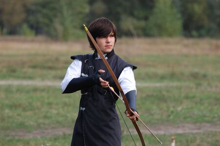 KIEV, UKRAINE - SEP 19: Participant of Festivale of medieval costume wears historical costume September 19, 2010 in Kiev, Ukraine のeditorial素材